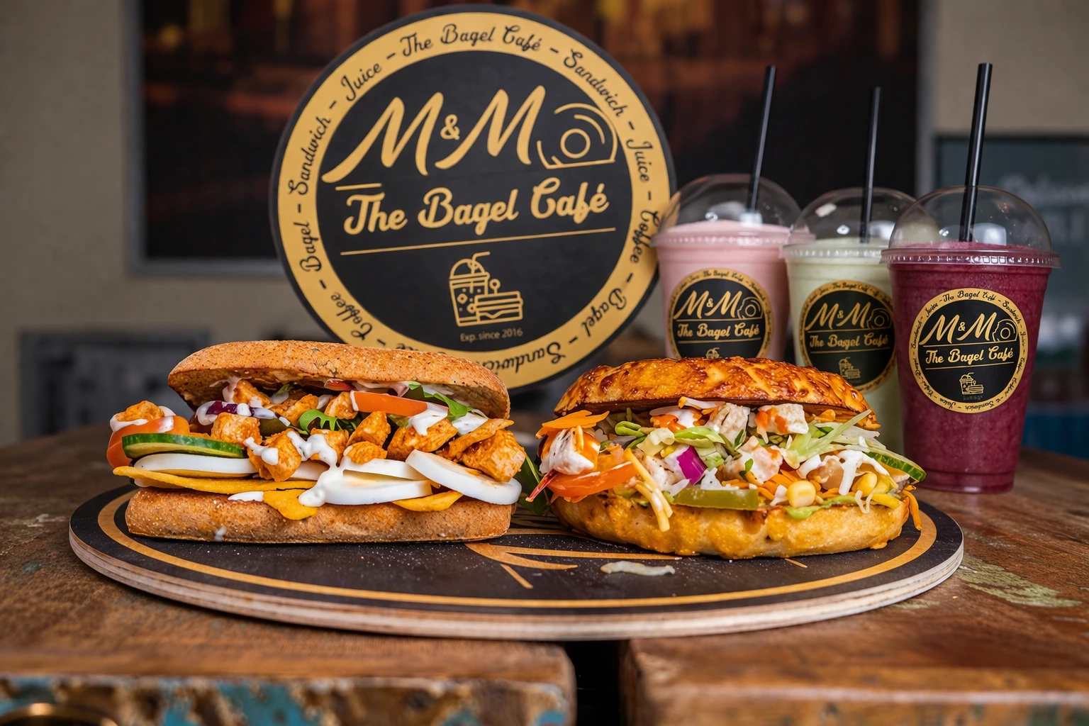 Bestil online hos M&M The Bagel Cafe få du Bagels og Sandwiches og Milkshakes og juice i Aarhus centrum